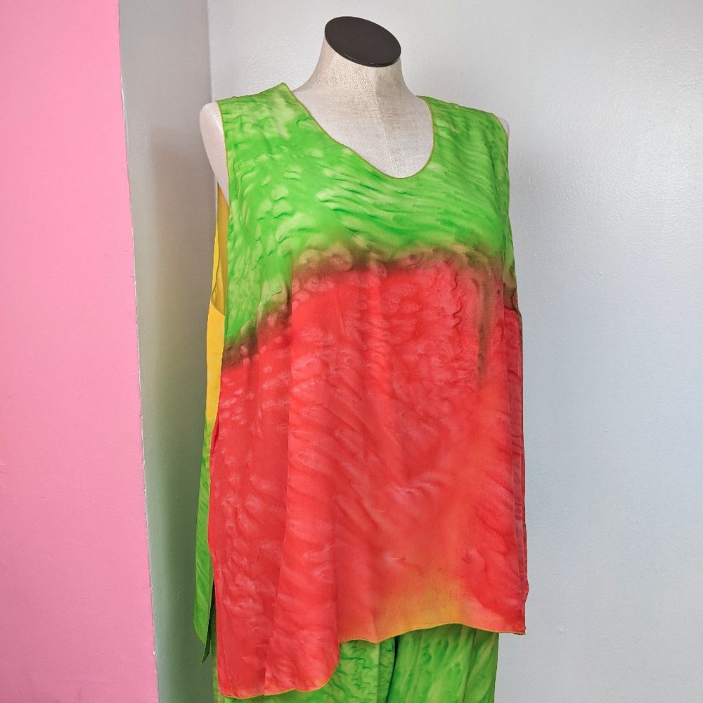 Paul Sisto Bold Colorful Green / Yellow / Red Three Piece Blouse & Pant Set - Picture 6 of 15